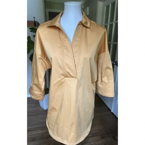 Elie Tahari Blue Label Tunic Blouse M Gold Cotton Blend 3/4 Sleeve V-Neck Top - Picture 1 of 7
